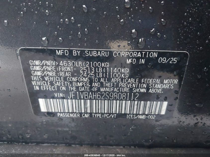 2025 Subaru Wrx Premium VIN: JF1VBAH62S9808112 Lot: 43936545