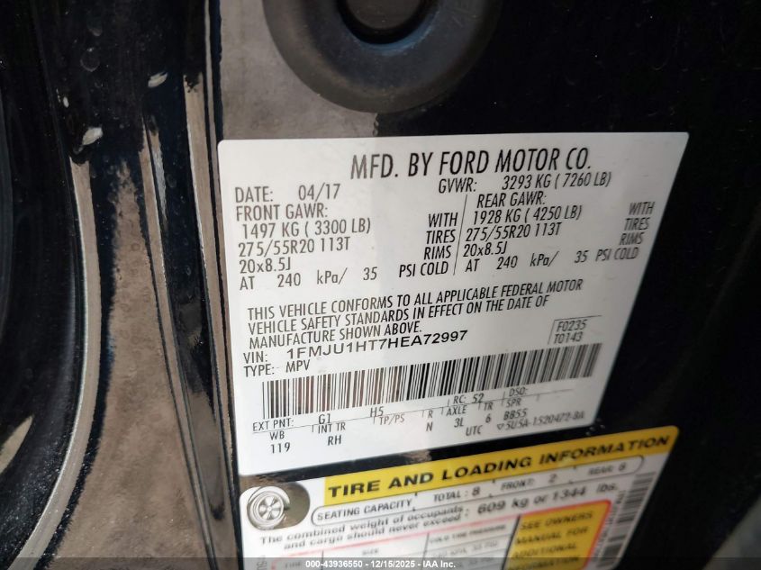 2017 Ford Expedition King Ranch VIN: 1FMJU1HT7HEA72997 Lot: 43936550