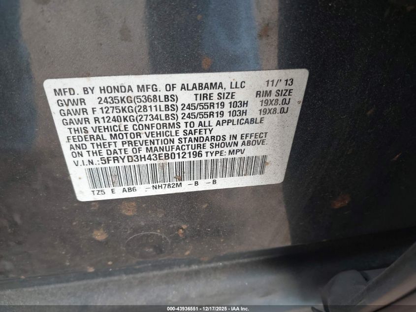 2014 Acura Mdx Technology Package VIN: 5FRYD3H43EB012196 Lot: 43936551