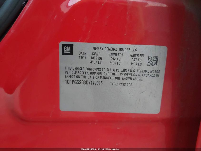 2013 Chevrolet Cruze Ltz VIN: 1G1PG5SB3D7179016 Lot: 43936553