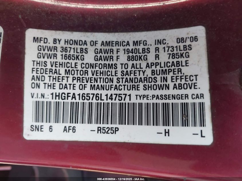 2006 Honda Civic Lx VIN: 1HGFA16576L147571 Lot: 43936554