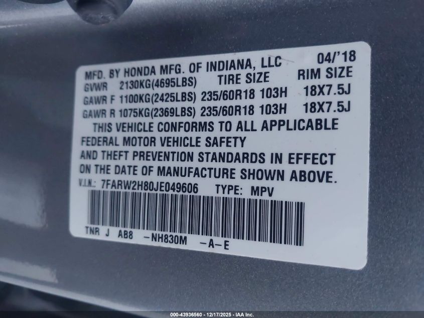 2018 Honda Cr-V Ex-L/Ex-L Navi VIN: 7FARW2H80JE049606 Lot: 43936560
