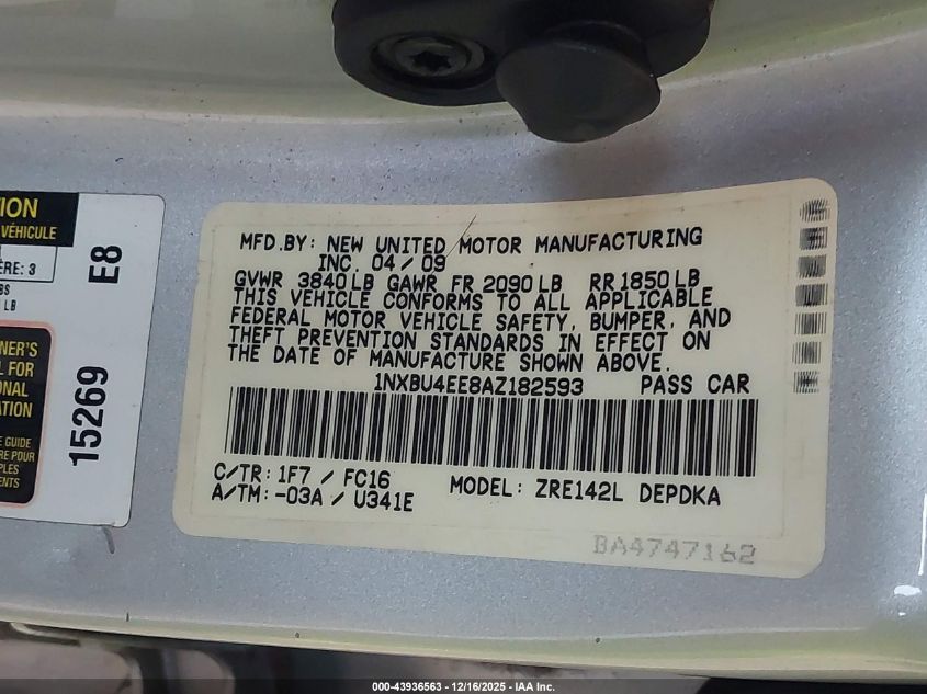 2010 Toyota Corolla Le VIN: 1NXBU4EE8AZ182593 Lot: 43936563