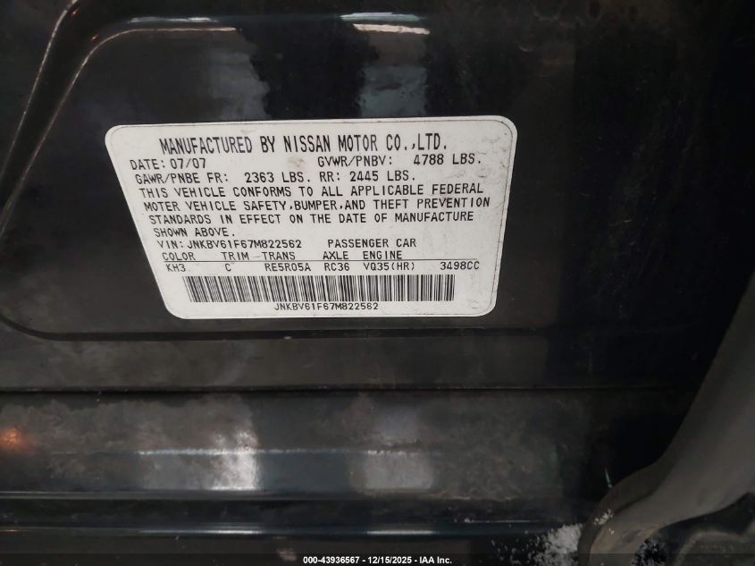 2007 Infiniti G35X VIN: JNKBV61F67M822562 Lot: 43936567