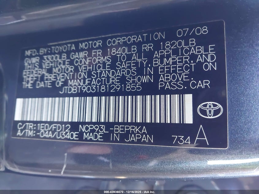 JTDBT903181291855 2008 TOYOTA YARIS photo no. 9