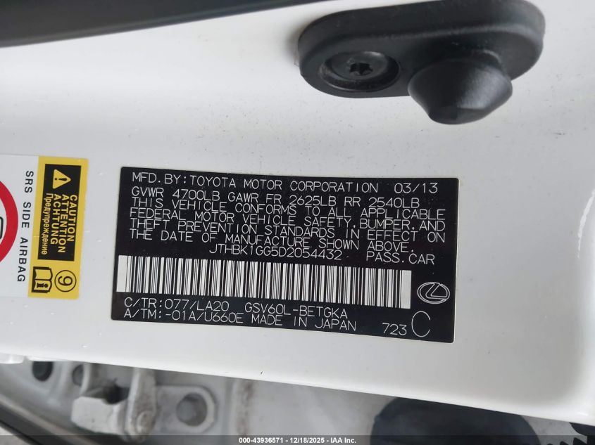 2013 Lexus Es 350 VIN: JTHBK1GG5D2054432 Lot: 43936571