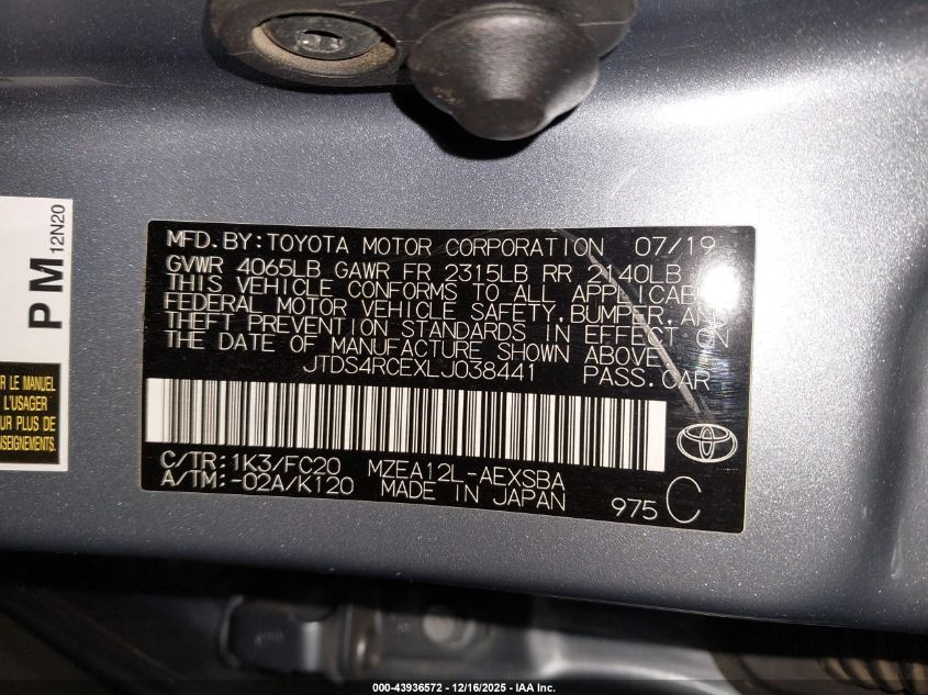 2020 Toyota Corolla Se VIN: JTDS4RCEXLJ038441 Lot: 43936572