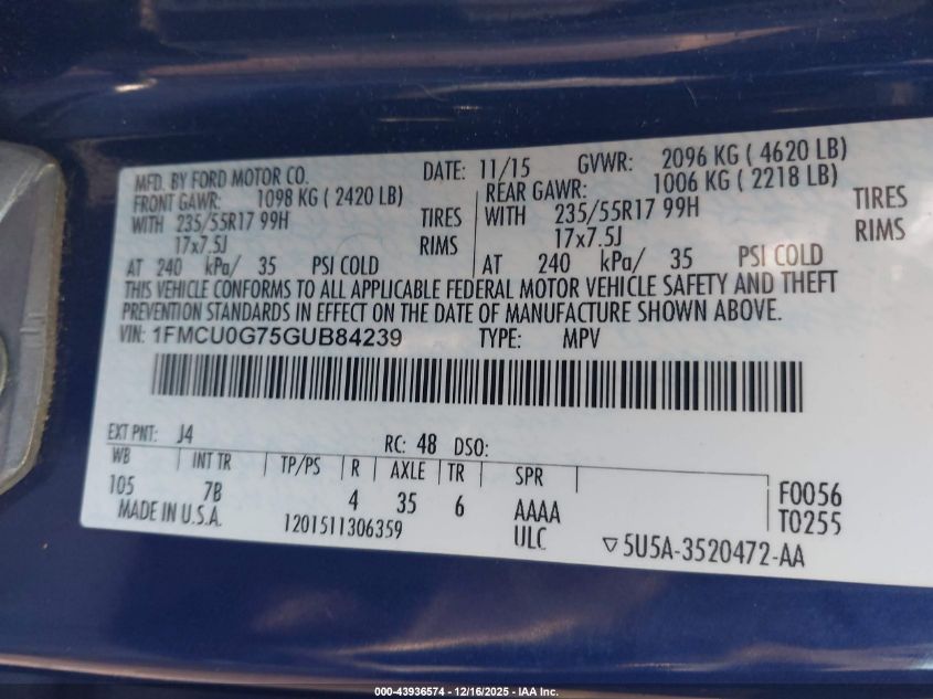 2016 Ford Escape Se VIN: 1FMCU0G75GUB84239 Lot: 43936574