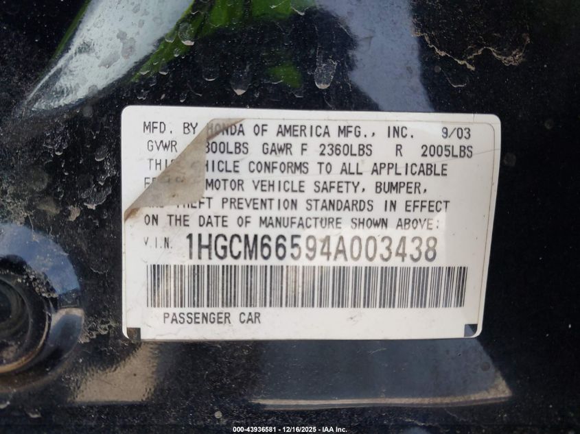 2004 Honda Accord 3.0 Ex VIN: 1HGCM66594A003438 Lot: 43936581