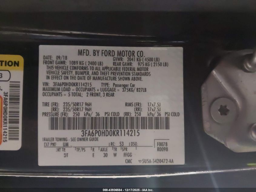 2019 Ford Fusion Se VIN: 3FA6P0HD0KR114215 Lot: 43936584