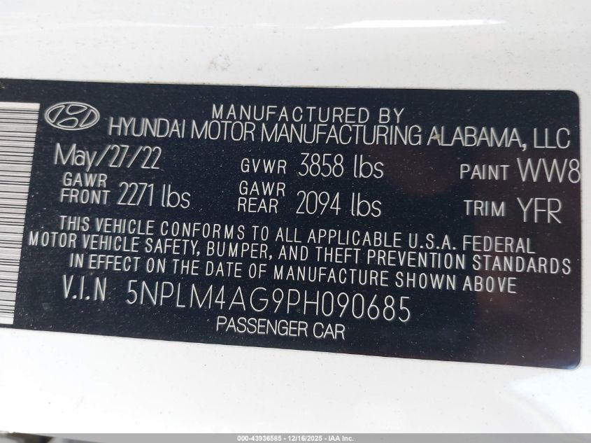 2023 Hyundai Elantra Sel VIN: 5NPLM4AG9PH090685 Lot: 43936585