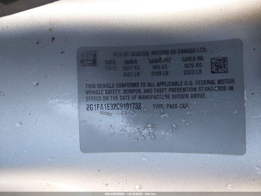 2012 Chevrolet Camaro 2Ls VIN: 2G1FA1E32C9191732 Lot: 43936588