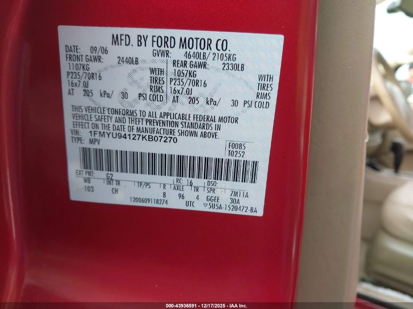 2007 Ford Escape Limited VIN: 1FMYU94127KB07270 Lot: 43936591