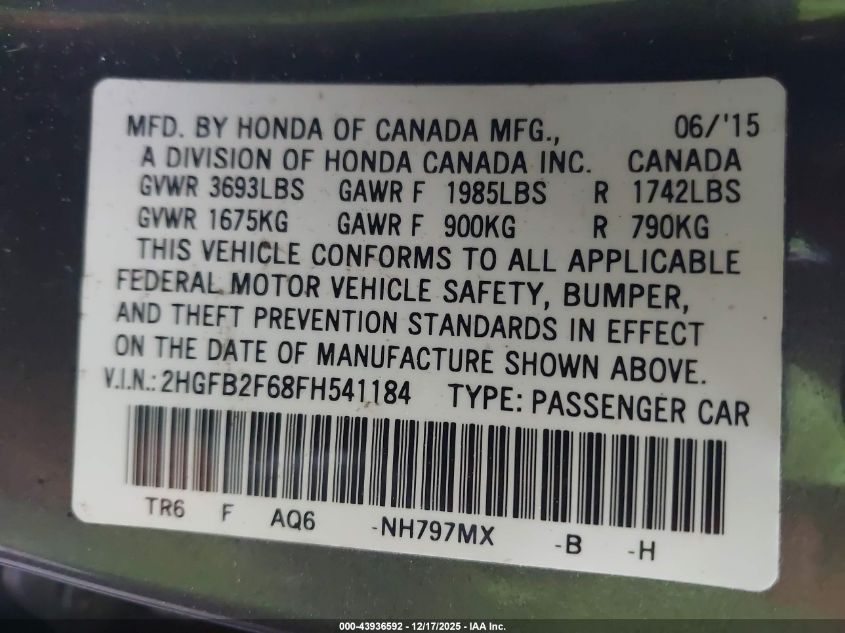 2015 Honda Civic Hf VIN: 2HGFB2F68FH541184 Lot: 43936592