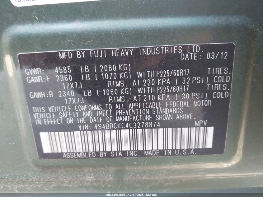 2012 Subaru Outback 2.5I Limited VIN: 4S4BRCKC4C3278874 Lot: 43936595