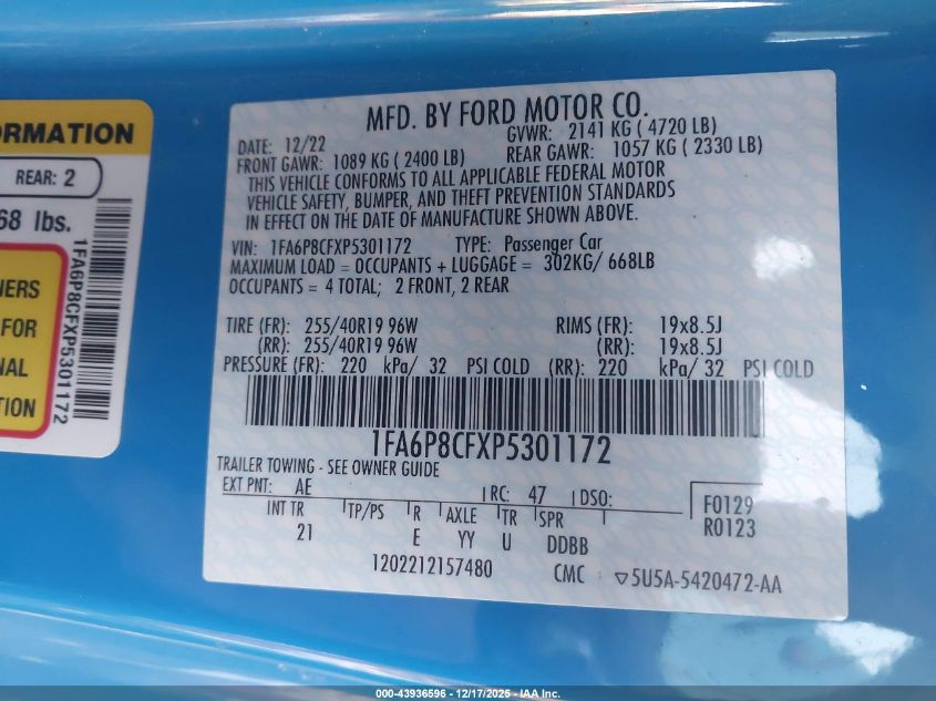 2023 Ford Mustang Gt Fastback VIN: 1FA6P8CFXP5301172 Lot: 43936596