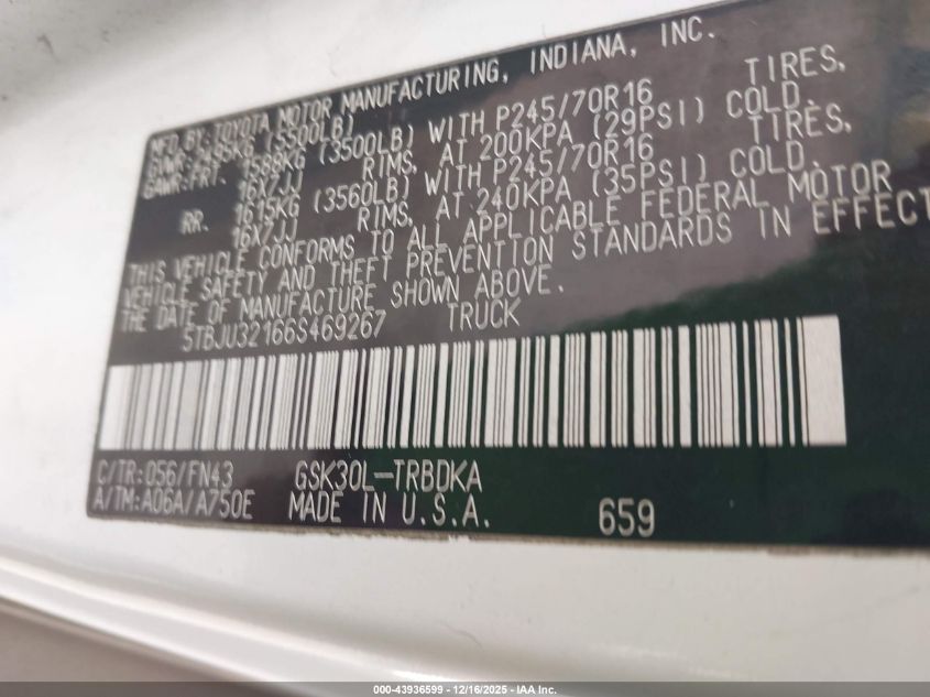 2006 Toyota Tundra VIN: 5TBJU32166S469267 Lot: 43936599