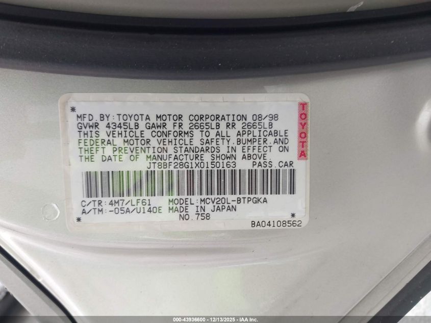 1999 Lexus Es 300 VIN: JT8BF28G1X0150163 Lot: 43936600