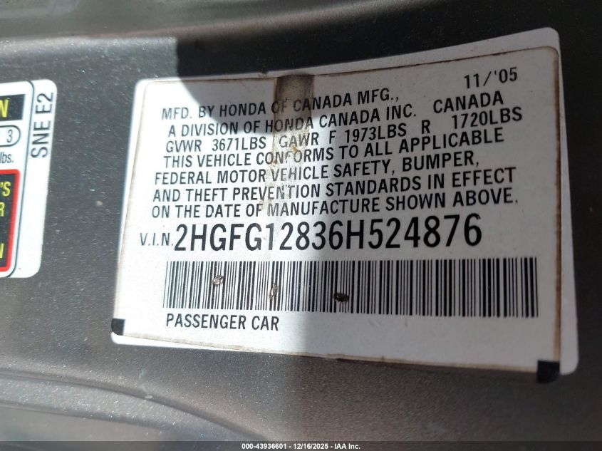 2006 Honda Civic Ex VIN: 2HGFG12836H524876 Lot: 43936601