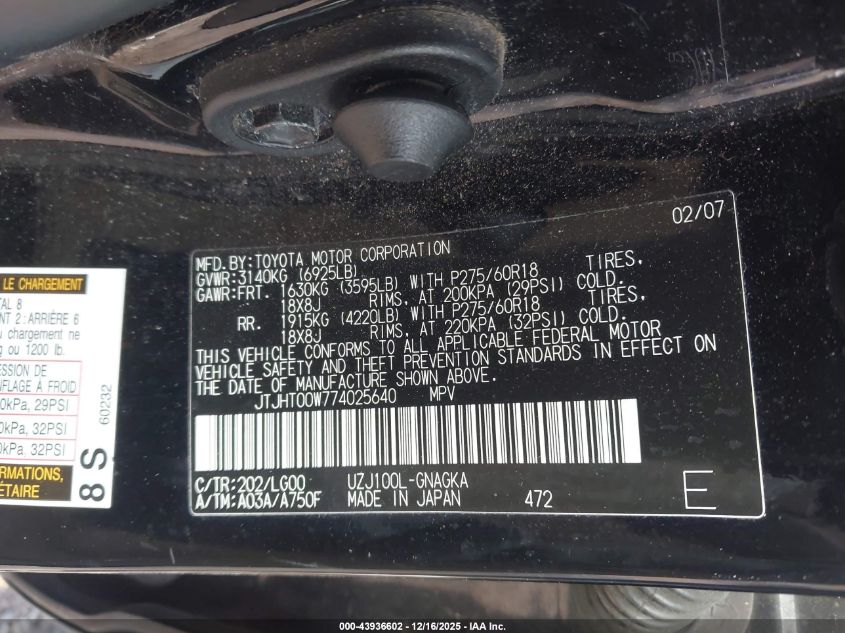 2007 Lexus Lx 470 VIN: JTJHT00W774025640 Lot: 43936602