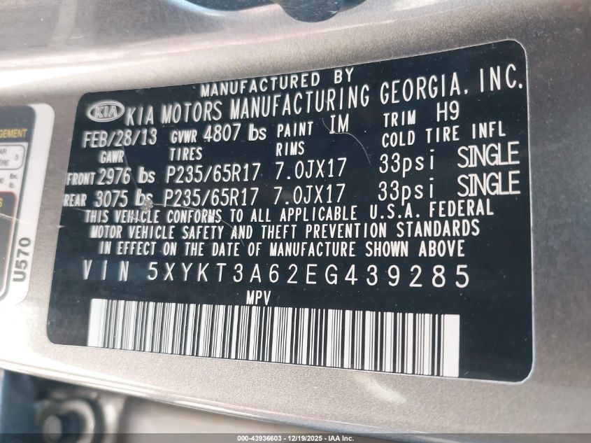 2014 Kia Sorento Lx VIN: 5XYKT3A62EG439285 Lot: 43936603