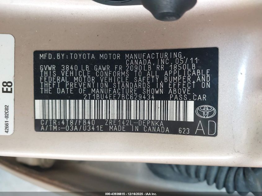 2011 Toyota Corolla Le VIN: 2T1BU4EE7BC629434 Lot: 43936615