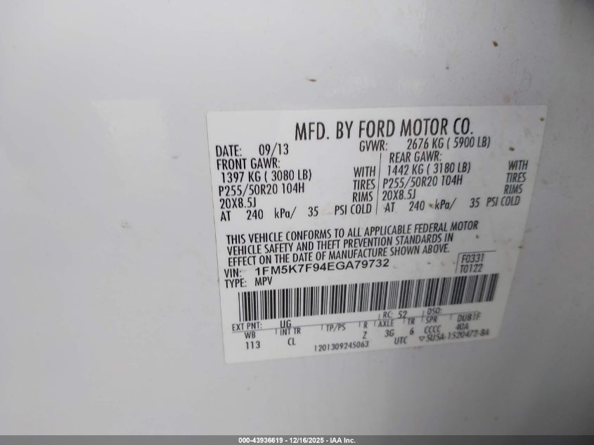 2014 Ford Explorer Limited VIN: 1FM5K7F94EGA79732 Lot: 43936619
