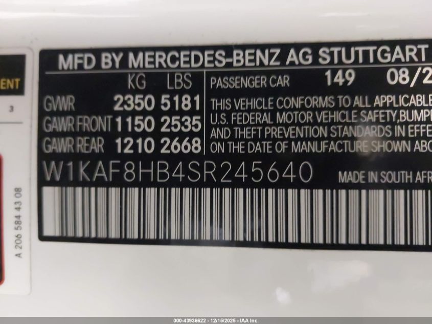 2025 Mercedes-Benz Amg C 43 4Matic VIN: W1KAF8HB4SR245640 Lot: 43936622
