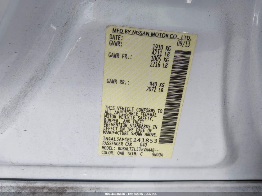 2014 Nissan Altima 2.5 Sv VIN: 1N4AL3AP4EC141853 Lot: 43936626