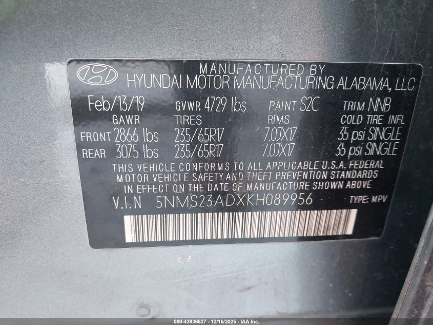 2019 Hyundai Santa Fe Se VIN: 5NMS23ADXKH089956 Lot: 43936627