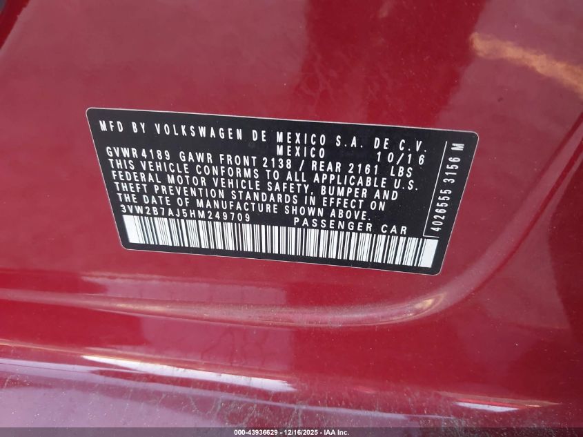 2017 Volkswagen Jetta 1.4T S VIN: 3VW2B7AJ5HM249709 Lot: 43936629