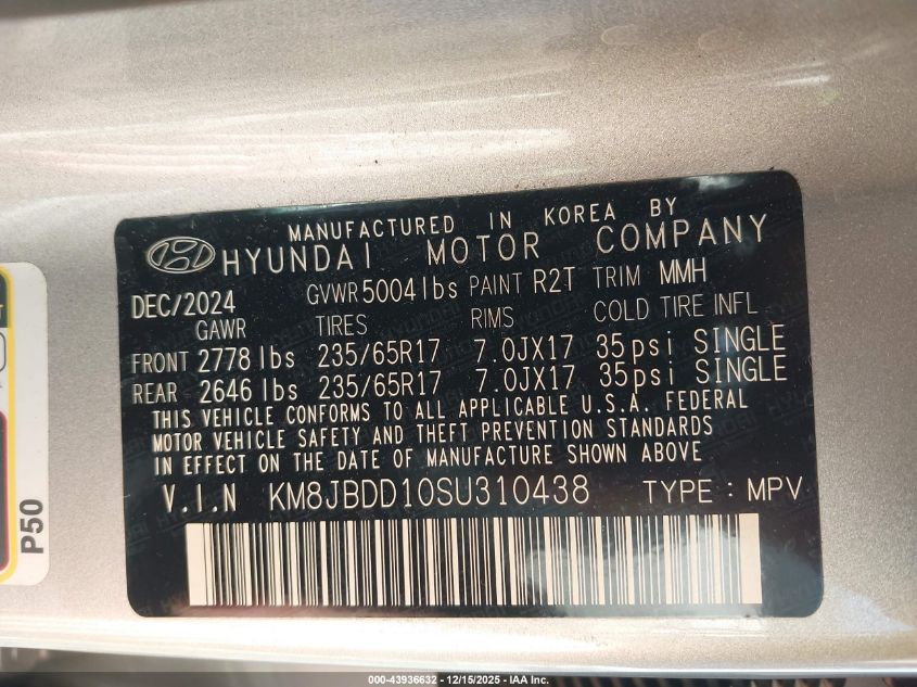 2025 Hyundai Tucson Hybrid Blue VIN: KM8JBDD10SU310438 Lot: 43936632