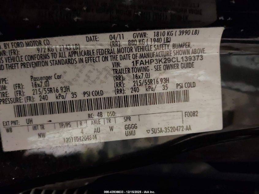 2012 Ford Focus Se VIN: 1FAHP3K29CL139373 Lot: 43936633