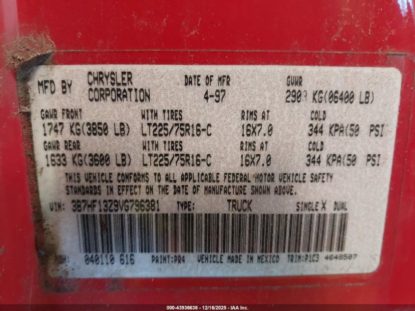 1997 Dodge Ram 1500 St VIN: 3B7HF13Z9VG796381 Lot: 43936636