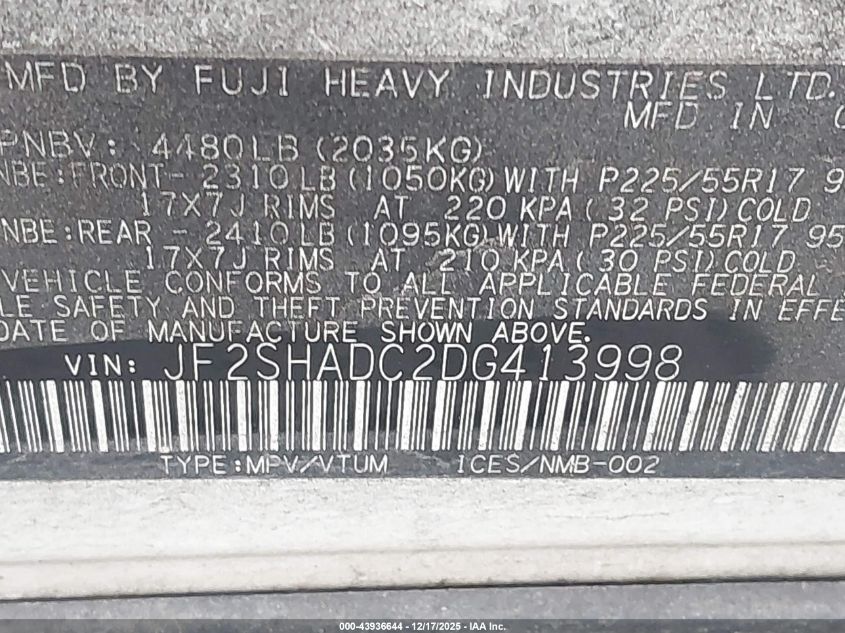 2013 Subaru Forester 2.5X Premium VIN: JF2SHADC2DG413998 Lot: 43936644