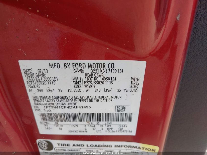 2013 Ford F-150 Fx2 VIN: 1FTFW1CF4DKF41495 Lot: 43936646