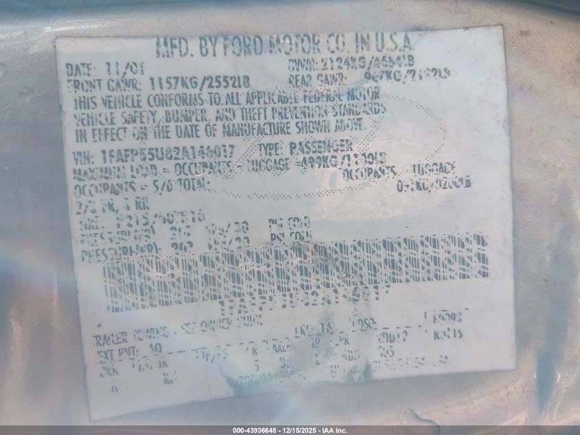 2002 Ford Taurus Ses VIN: 1FAFP55U82A146017 Lot: 43936648