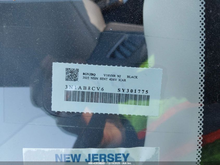 2025 Nissan Sentra Sv VIN: 3N1AB8CV6SY301775 Lot: 43936649