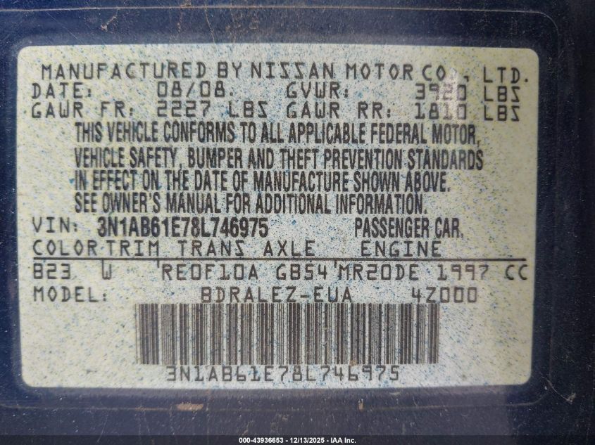 2008 Nissan Sentra 2.0S VIN: 3N1AB61E78L746975 Lot: 43936653