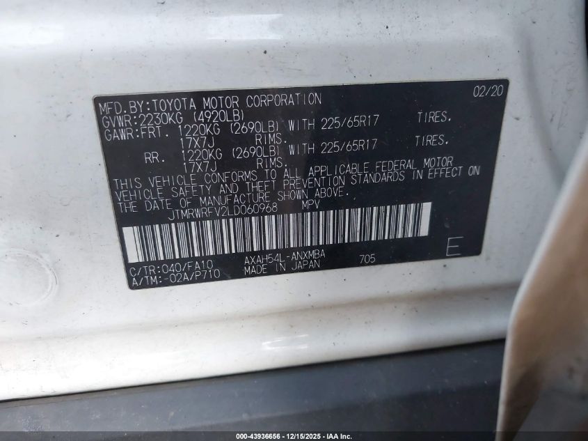 2020 Toyota Rav4 Hybrid Xle VIN: JTMRWRFV2LD060968 Lot: 43936656