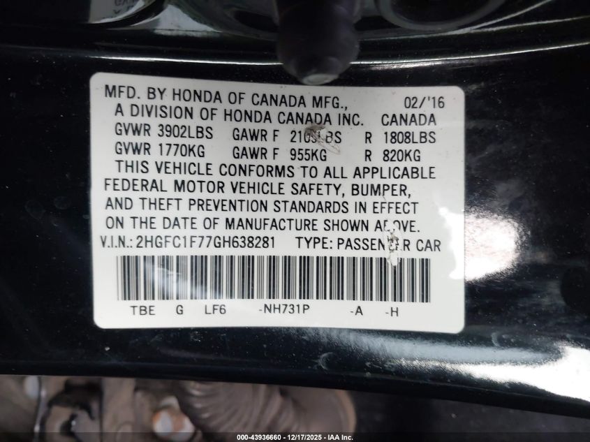 2016 Honda Civic Ex-L VIN: 2HGFC1F77GH638281 Lot: 43936660