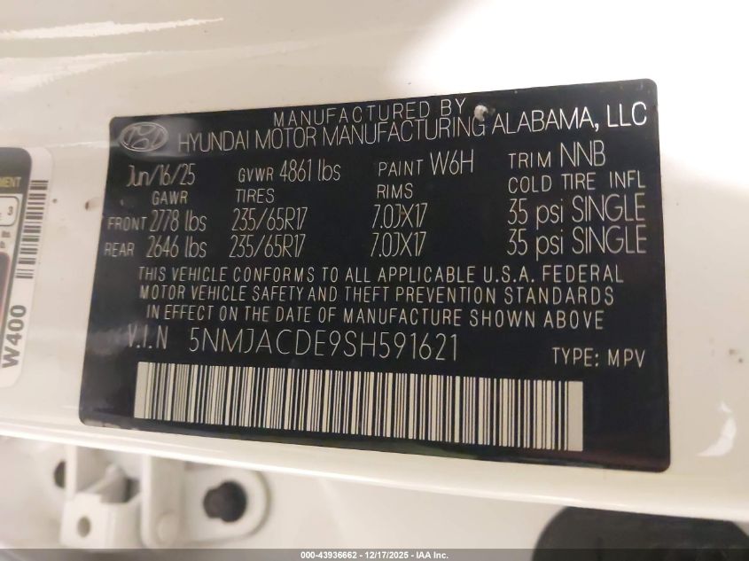 2025 Hyundai Tucson Se VIN: 5NMJACDE9SH591621 Lot: 43936662