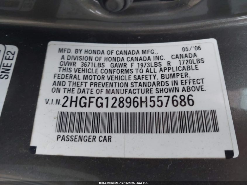 2006 Honda Civic Ex VIN: 2HGFG12896H557686 Lot: 43936669