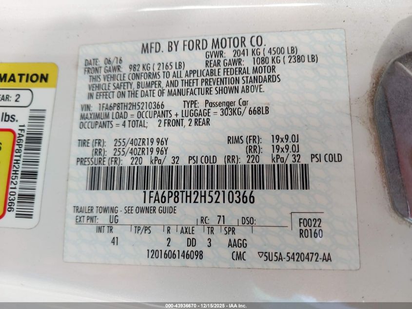2017 Ford Mustang Ecoboost VIN: 1FA6P8TH2H5210366 Lot: 43936670