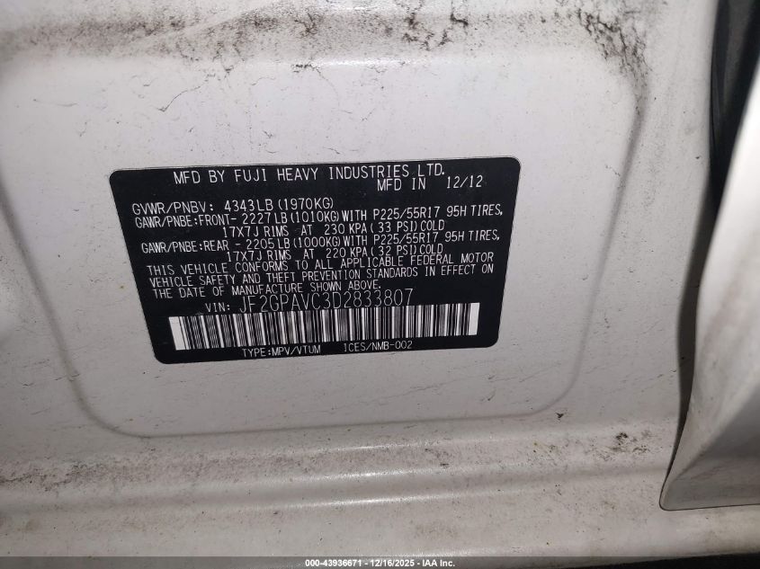 2013 Subaru Xv Crosstrek 2.0I Premium VIN: JF2GPAVC3D2833807 Lot: 43936671