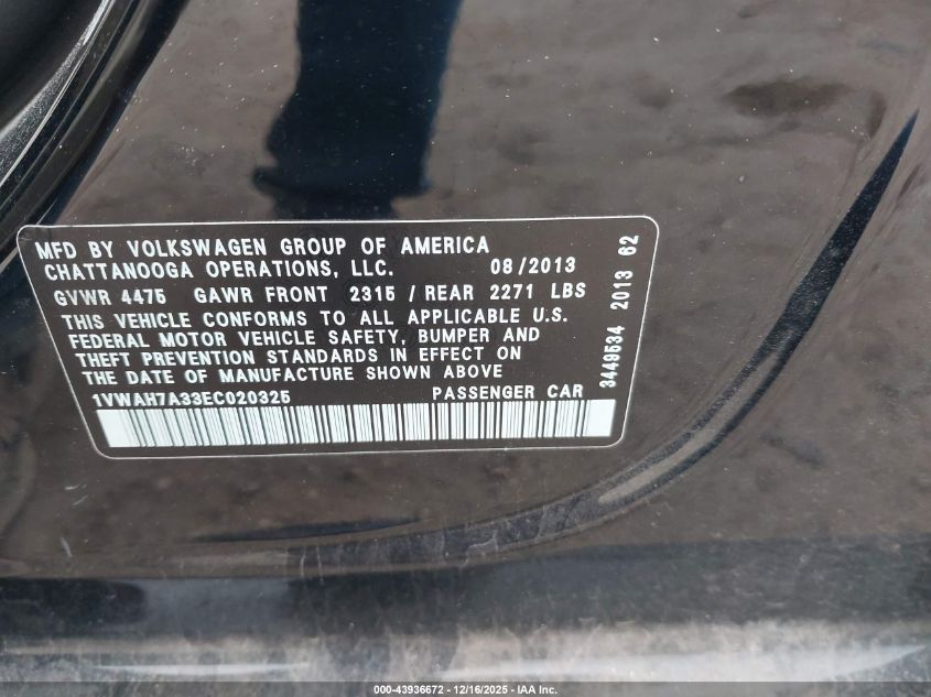 2014 Volkswagen Passat 2.5L Wolfsburg Edition VIN: 1VWAH7A33EC020325 Lot: 43936672