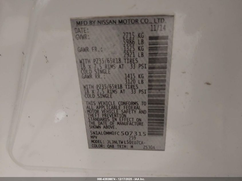 2015 Infiniti Qx60 VIN: 5N1AL0MM0FC507315 Lot: 43936674