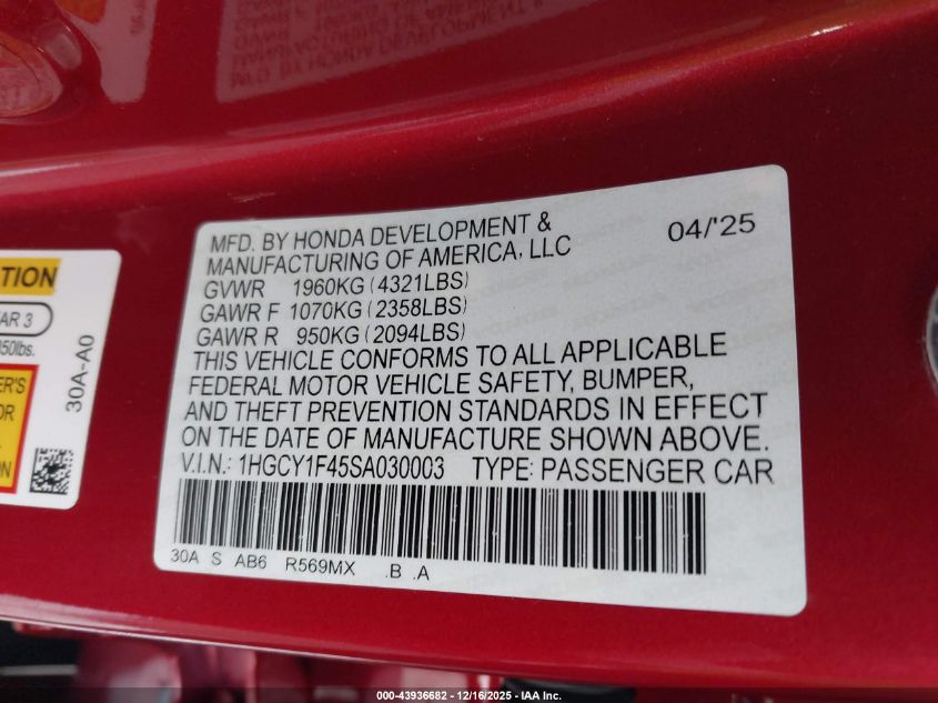 2025 Honda Accord Se VIN: 1HGCY1F45SA030003 Lot: 43936682