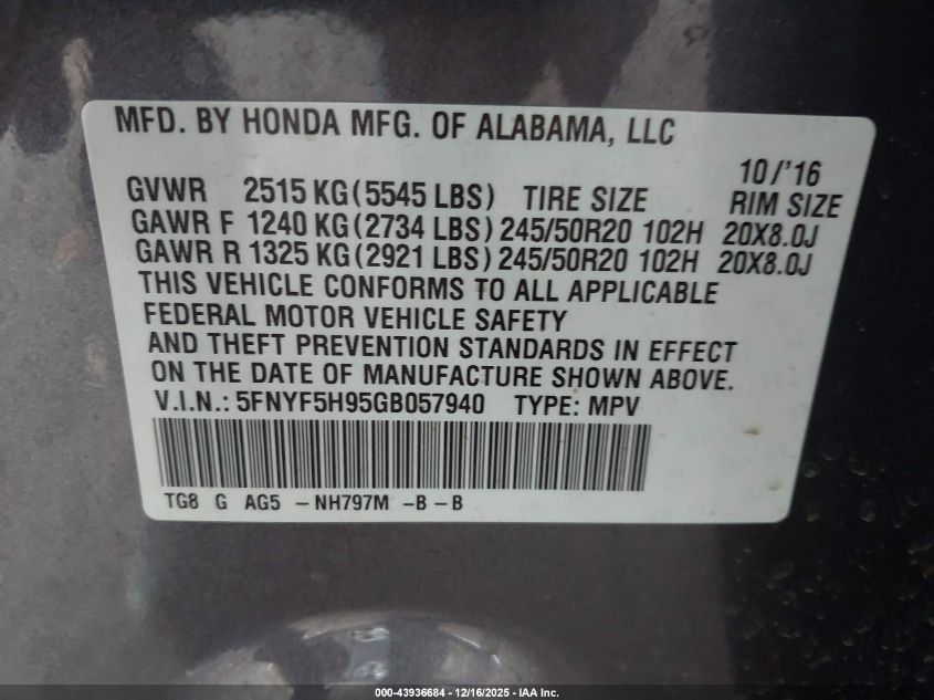 2016 Honda Pilot Touring VIN: 5FNYF5H95GB057940 Lot: 43936684
