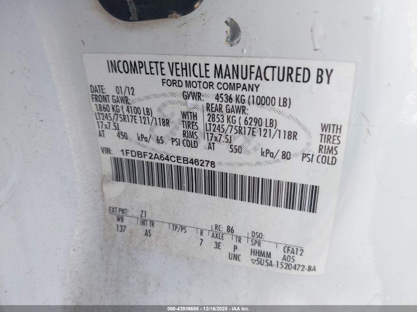2012 Ford F-250 Xl VIN: 1FDBF2A64CEB46278 Lot: 43936686